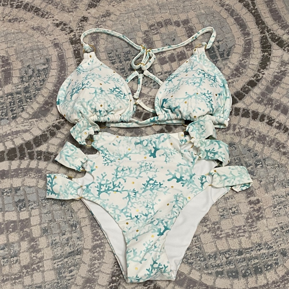 VENUS White Bikini with Aqua Coral Accents